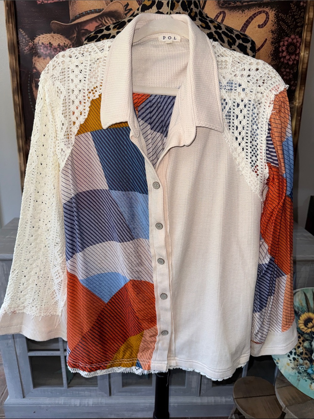 POL Crochet-Sleeve Button-Front Top in Cream w/Multicolor Geo Women's Large